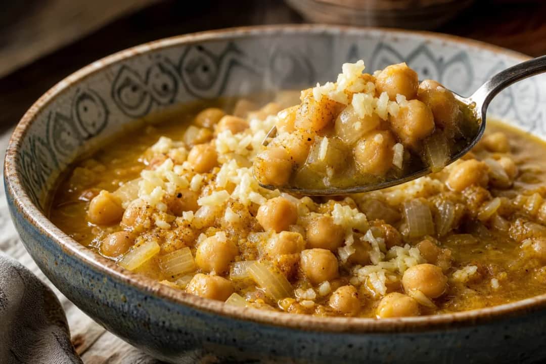 Bowl of Tunisian Lablabi soup topped with a creamy garlic sauce and fresh herbs.