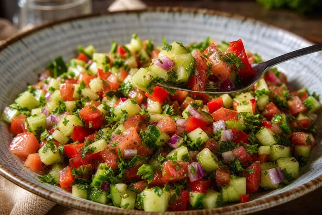 Colorful plate of Tunisian Slata Tounsiya salad with diced vegetables and fresh herbs.