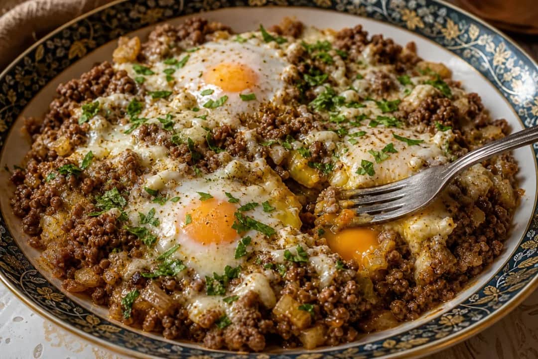 Plated Tunisian Tajine with golden crust, spiced meat, and melted cheese topped with fresh herbs.