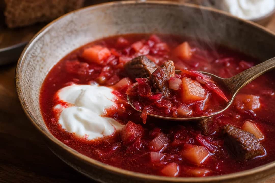 Bowl of vibrant Ukrainian borscht with tender beef and a swirl of sour cream, garnished with fresh herbs.