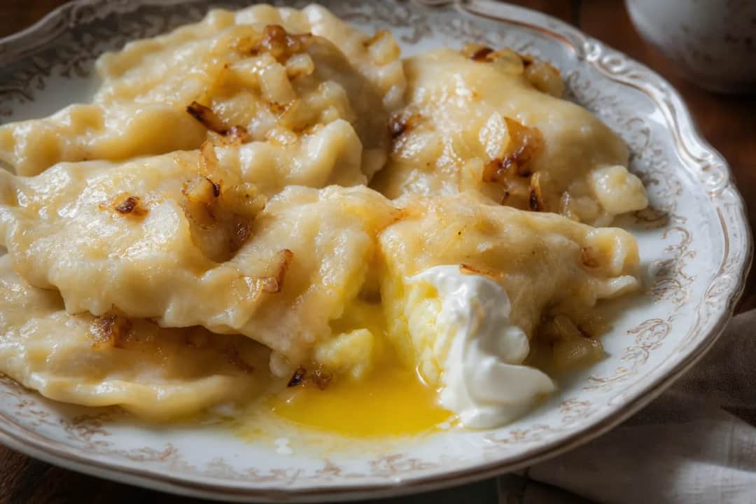 Plated Ukrainian varenyky with creamy potato filling and a dollop of sour cream, garnished with herbs.