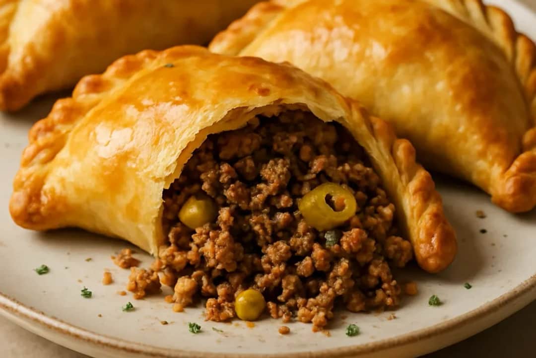 Golden-brown empanadas filled with spiced beef and olives, garnished with fresh herbs.