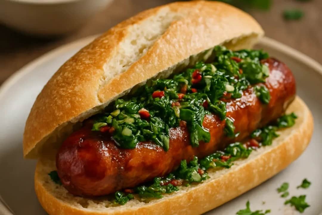A juicy chorizo sausage nestled in crusty bread, topped with vibrant green chimichurri sauce, garnished with parsley.
