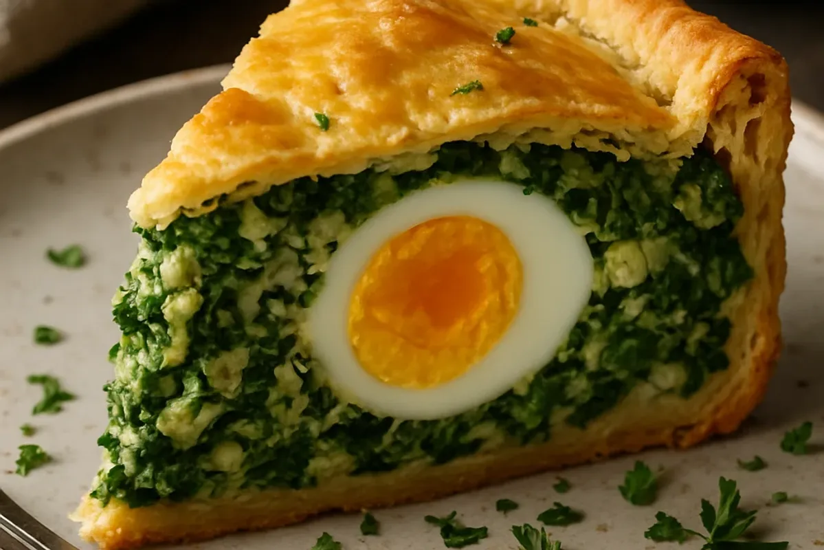 Golden-brown pie with a flaky crust, filled with vibrant spinach and creamy ricotta.