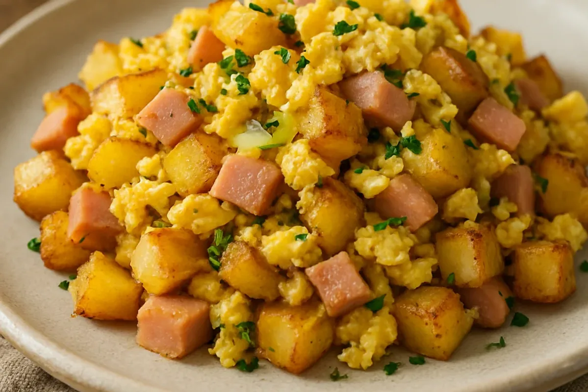 Uruguayan Revuelto Gramajo with Crispy Potatoes, Ham and Eggs
