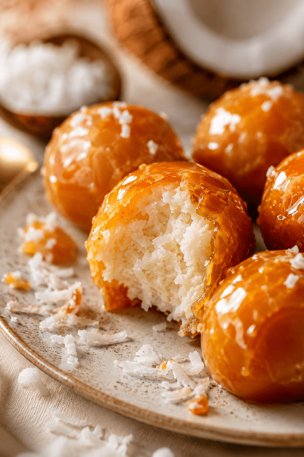 Close-up of Viral Bala Baiana – Brazilian Caramel Coconut Bonbons, showing rich texture and finishing garnish (dessert recipe)