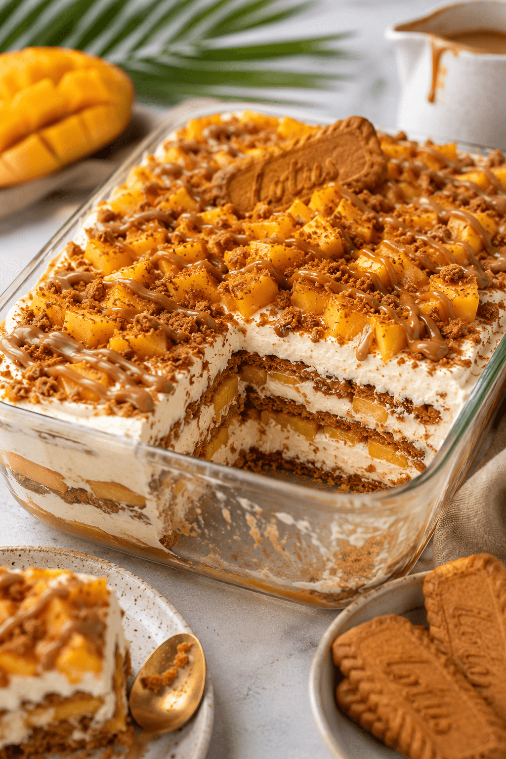 Close-up of Viral Biscoff Mango Float – Filipino No-Bake Dessert, showing rich texture and finishing garnish