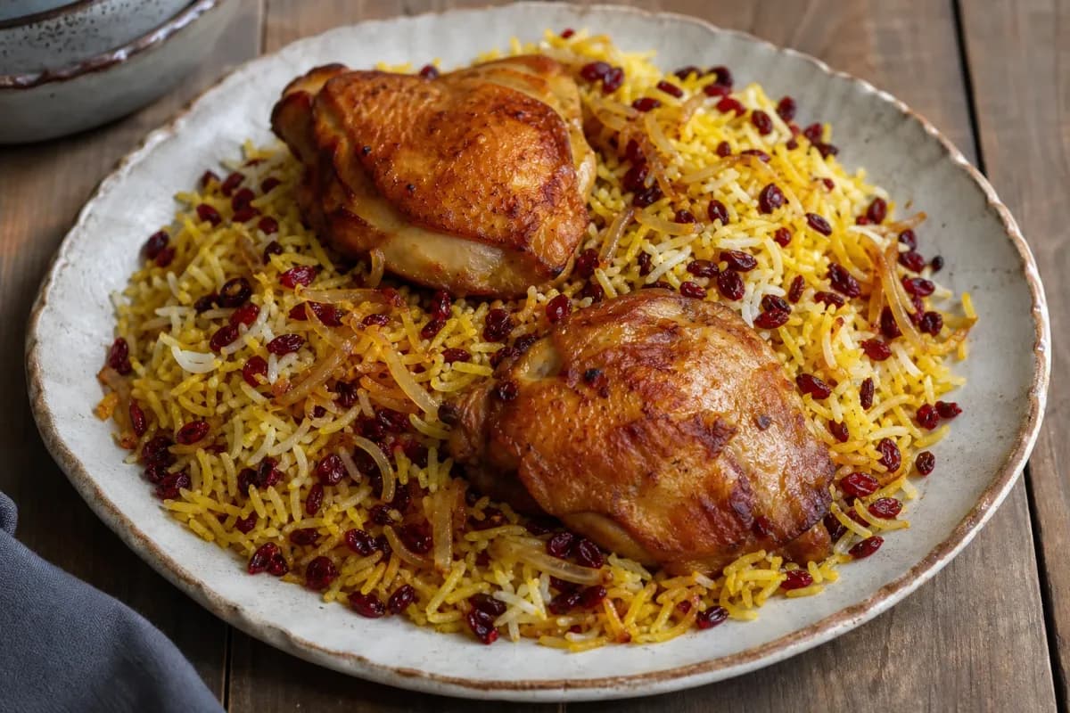 Fluffy saffron rice topped with tender chicken and bright red barberries garnished beautifully.